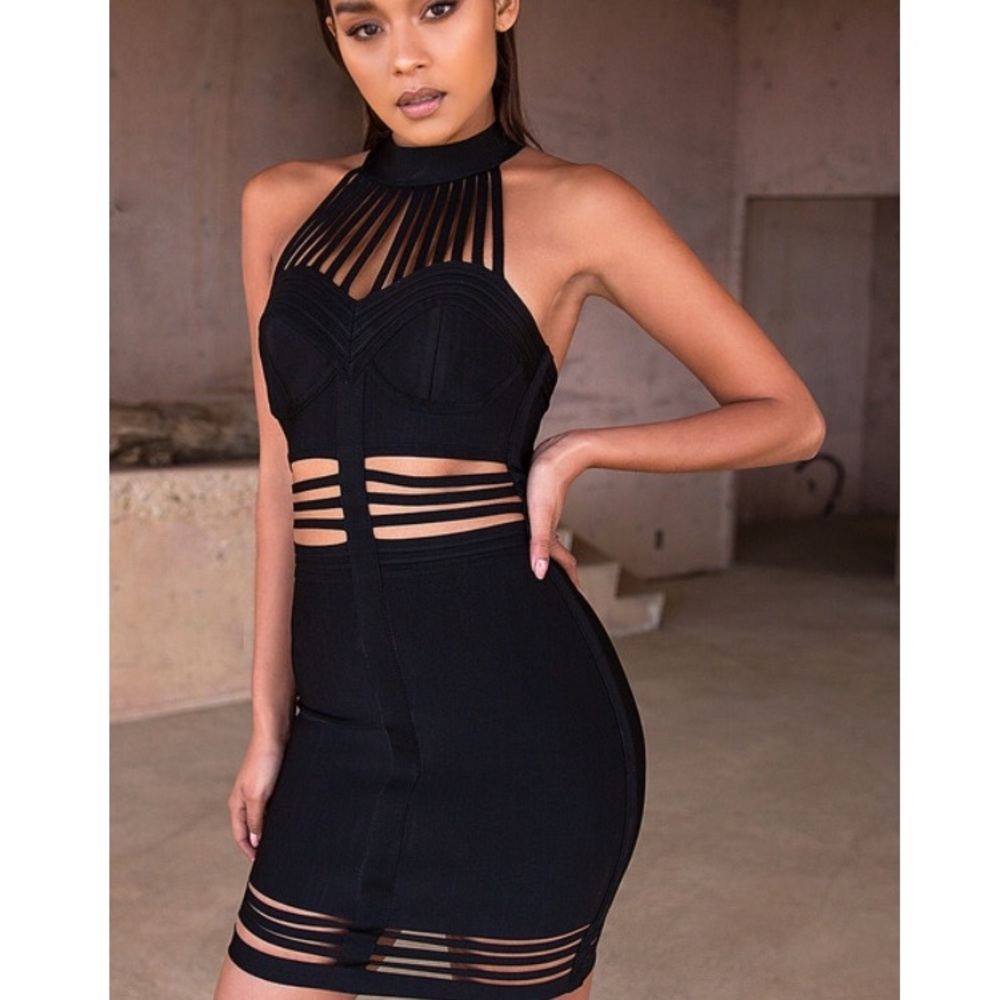 House of CB SIANNA BLACK HALTER BANDAGE DRESS.